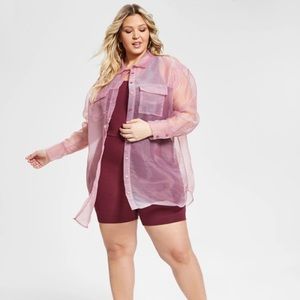 Nina Parker Sheer Mauve Trendy Plus Size Organza Oversized Shirt, Size 1X
